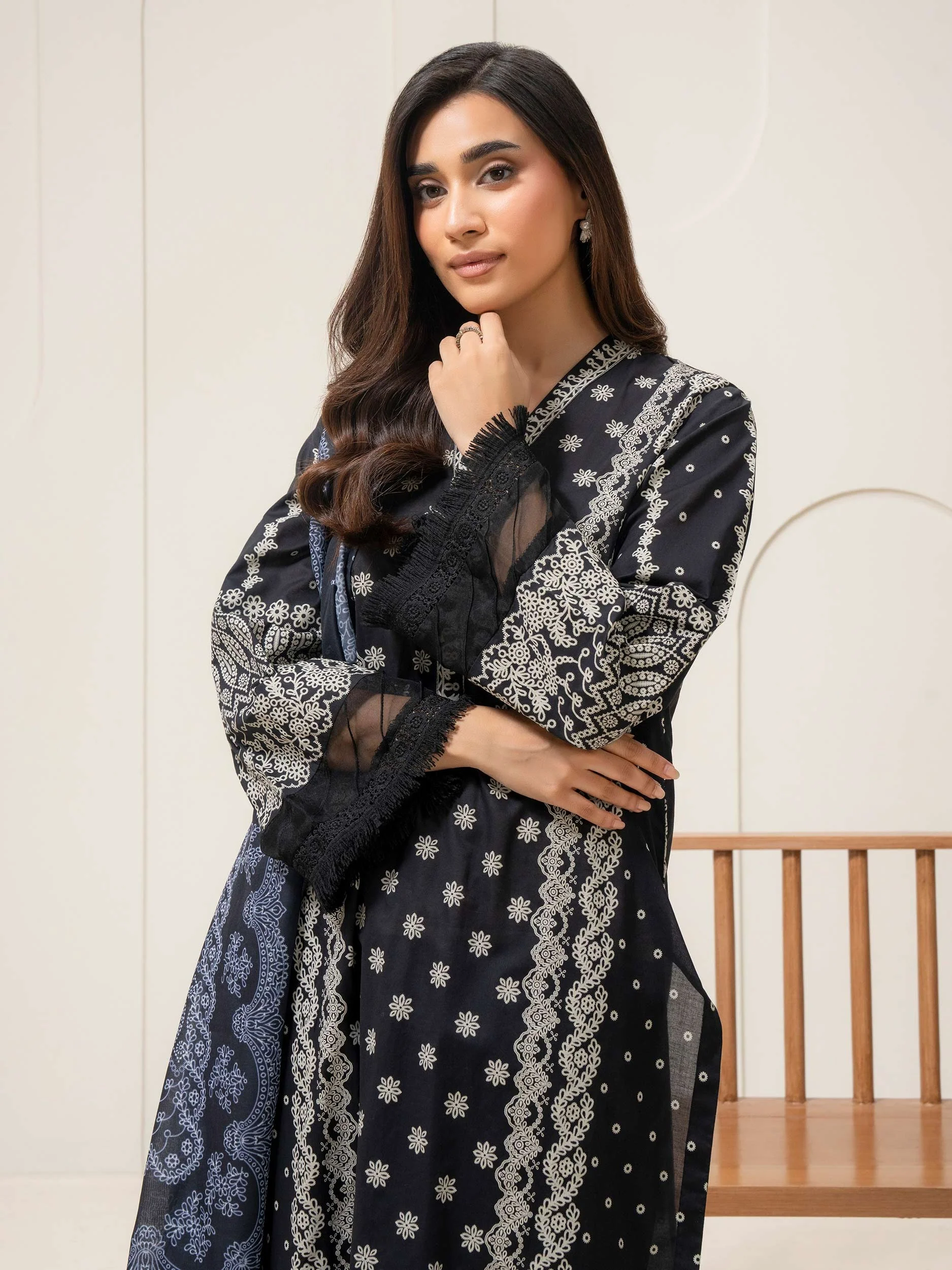 3 Piece Cambric Suit-Paste-Print (Pret) - Image 3