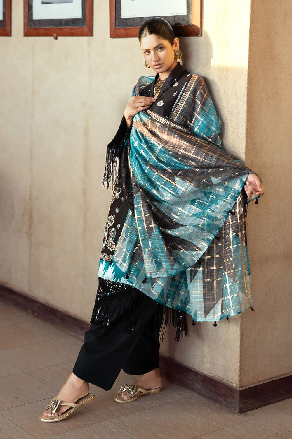 3 Piece Embroidered Dobby Suit with Borders and Zari Dupatta - Image 2