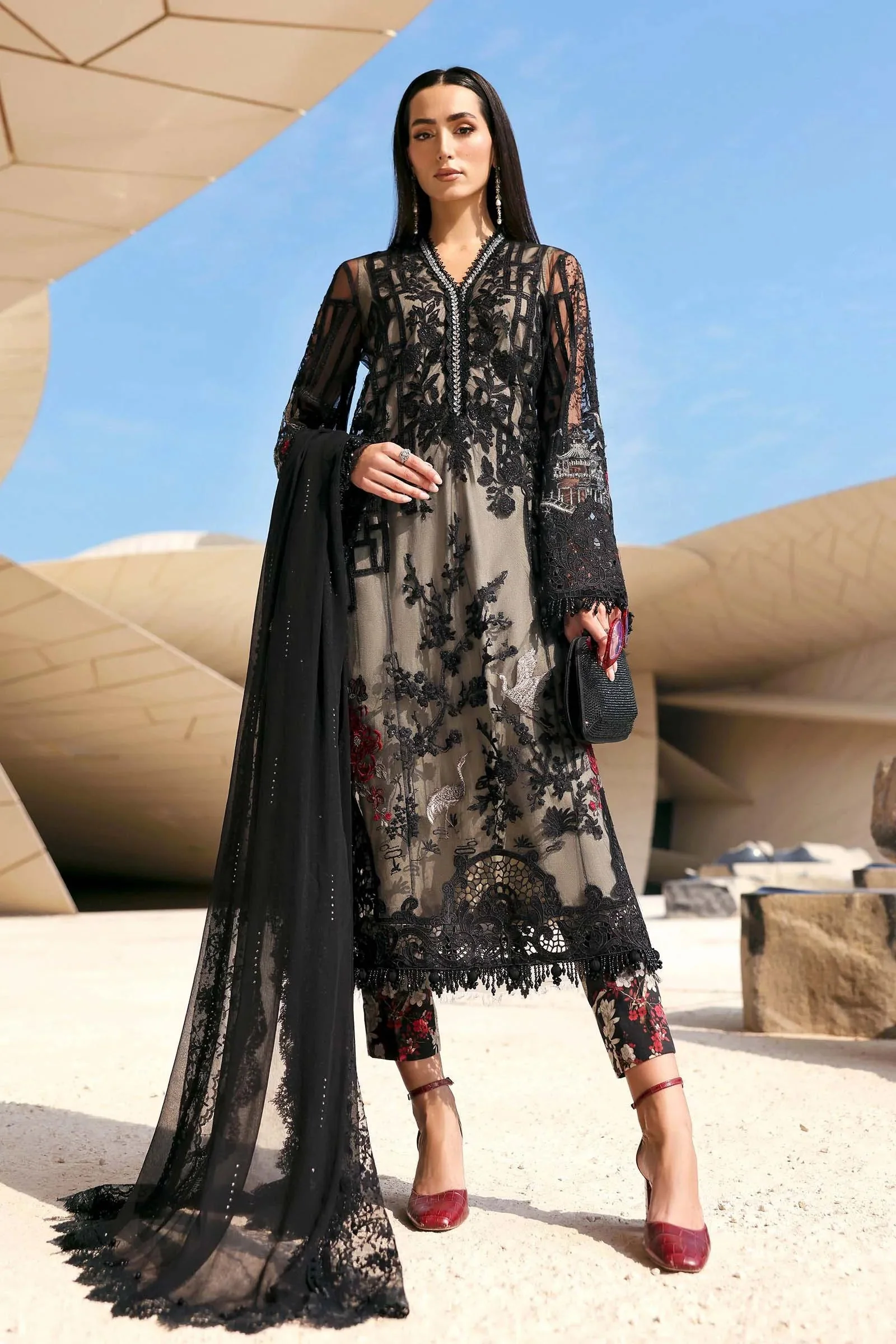 3 Piece Unstitched Embroidered Net Suit - Image 2