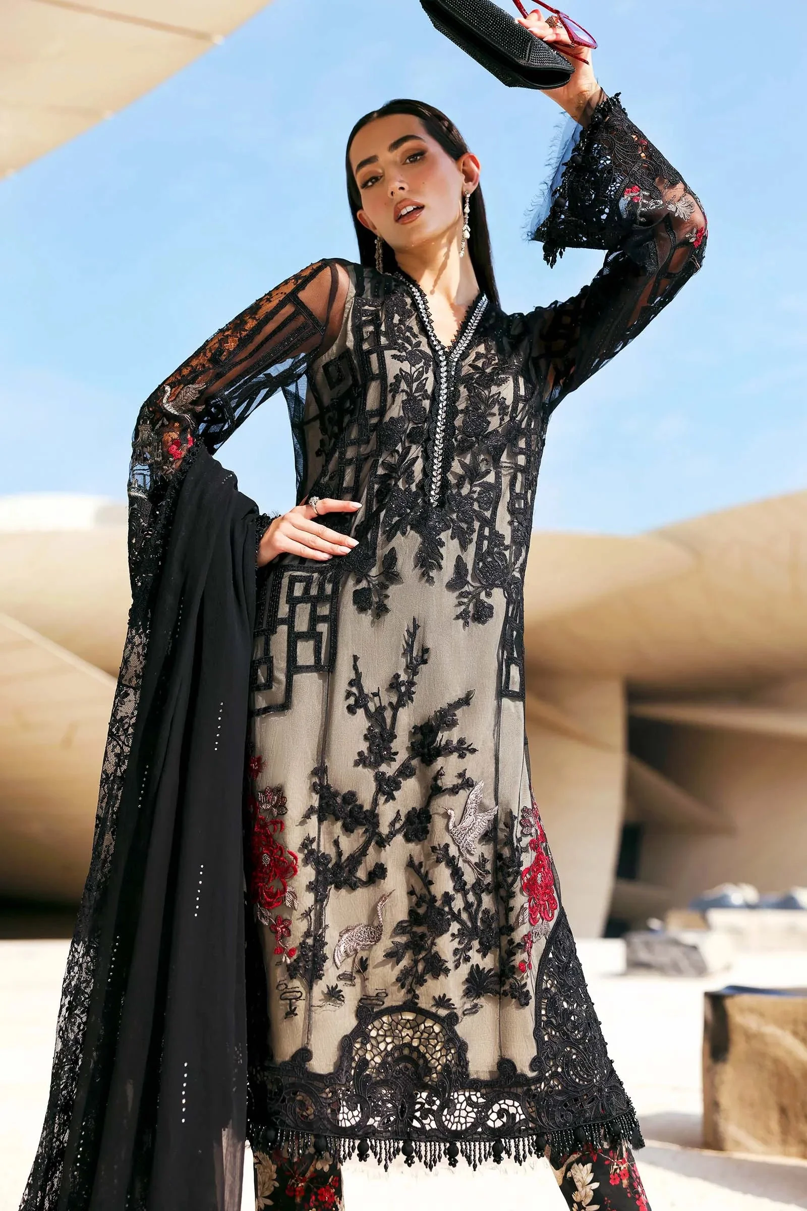 3 Piece Unstitched Embroidered Net Suit - Image 4