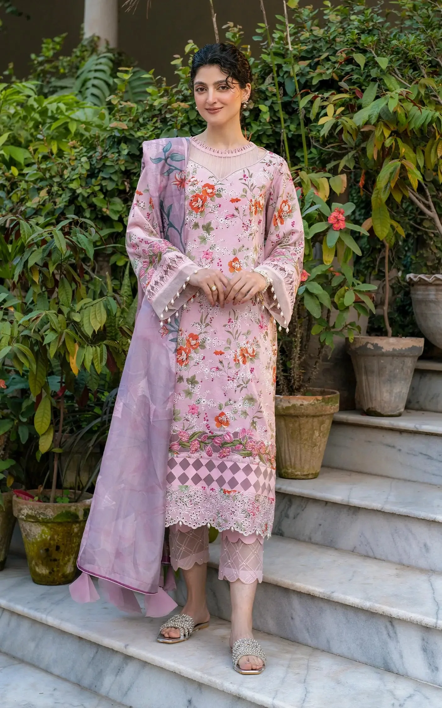 Chikankari digital printed lawn