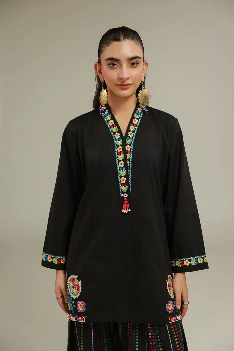 Embroidered | Cotton Dobby Black V-Neck 3pc - Image 3