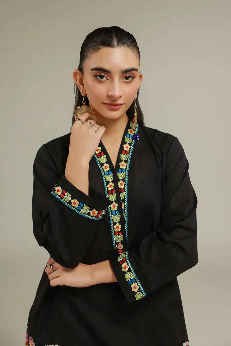 Embroidered | Cotton Dobby Black V-Neck 3pc - Image 5