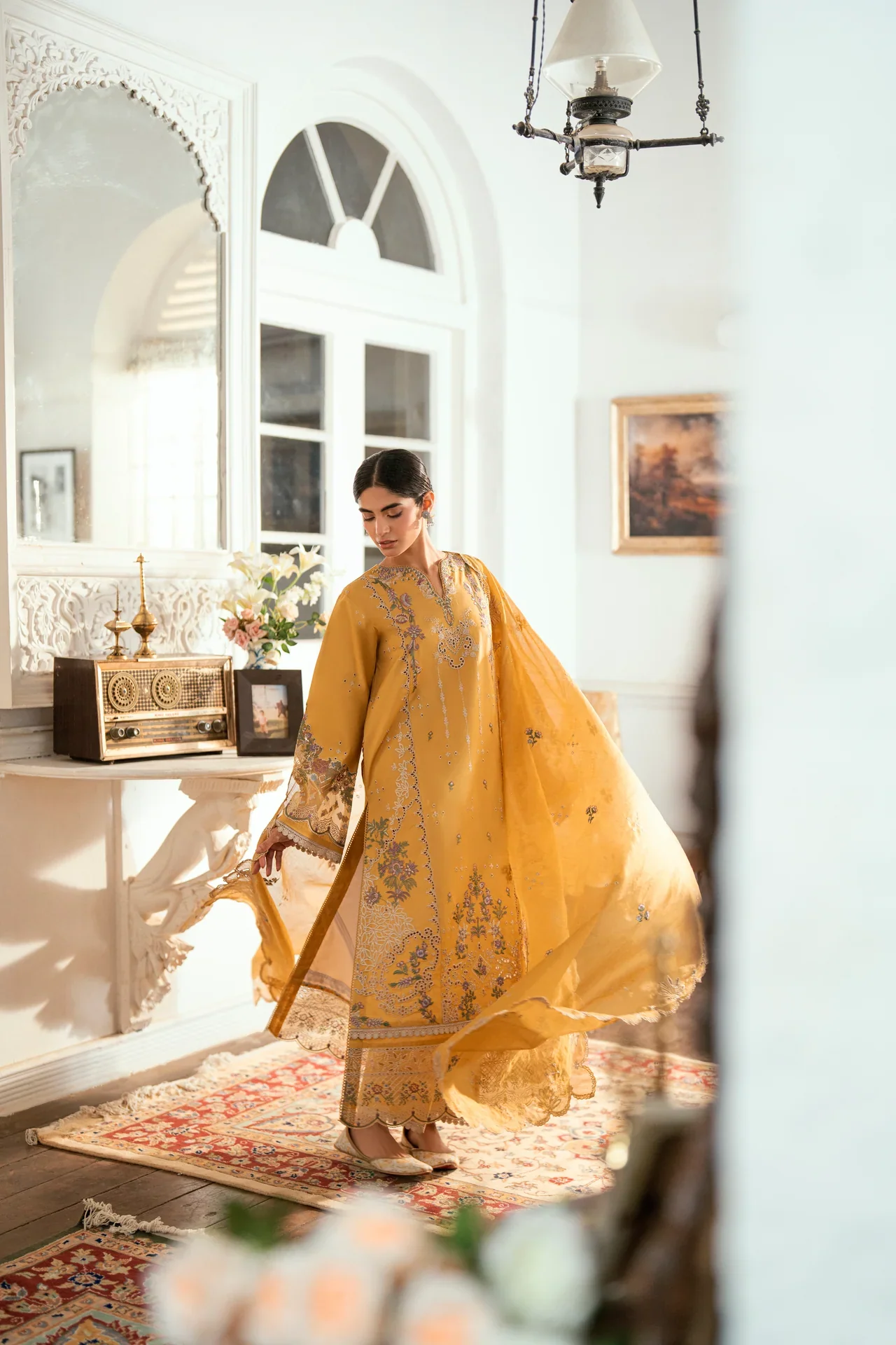 Embroidered Cotton Net 3-Piece Suit - Image 5