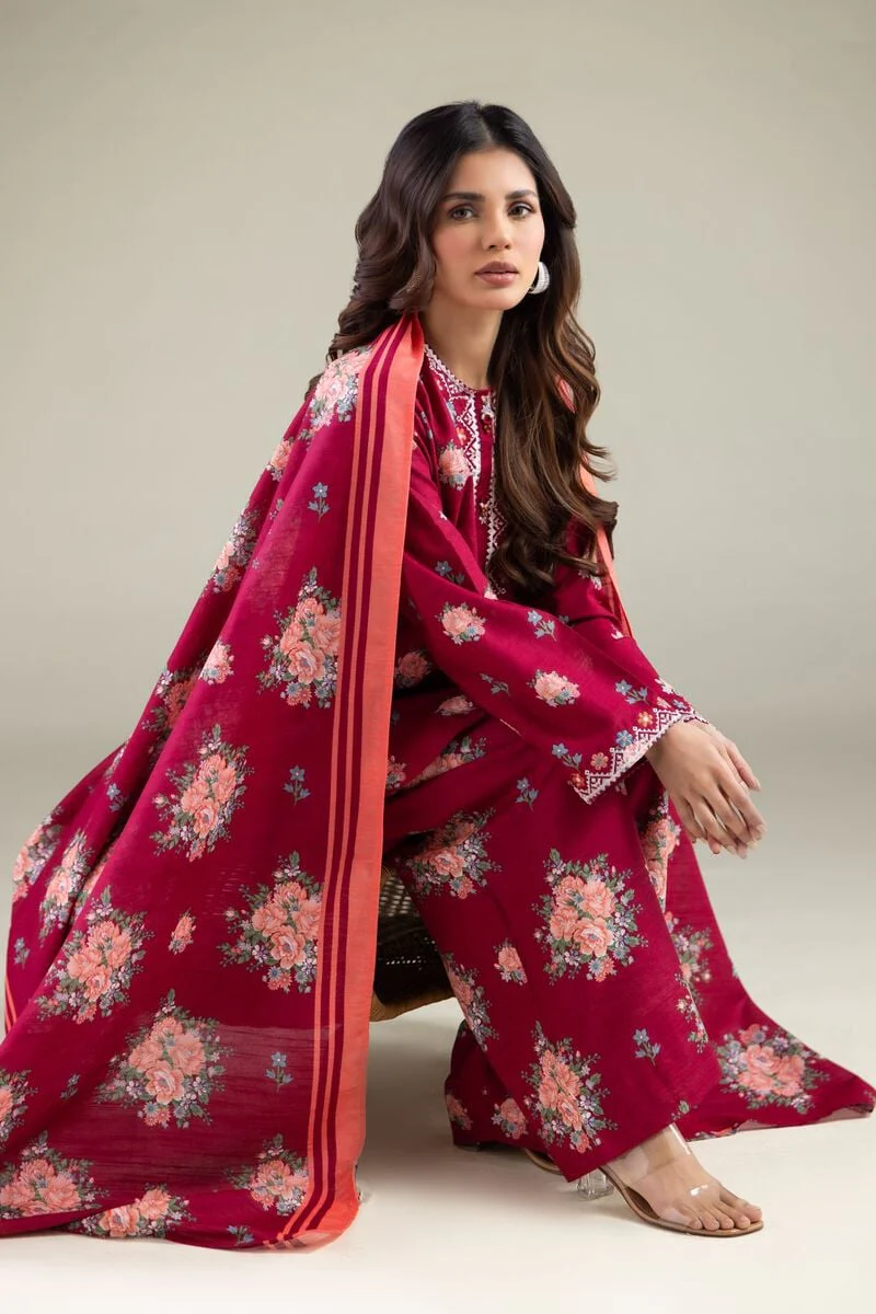Embroidered | Textured Cotton Floral Threadwork 3 Piece - Image 3